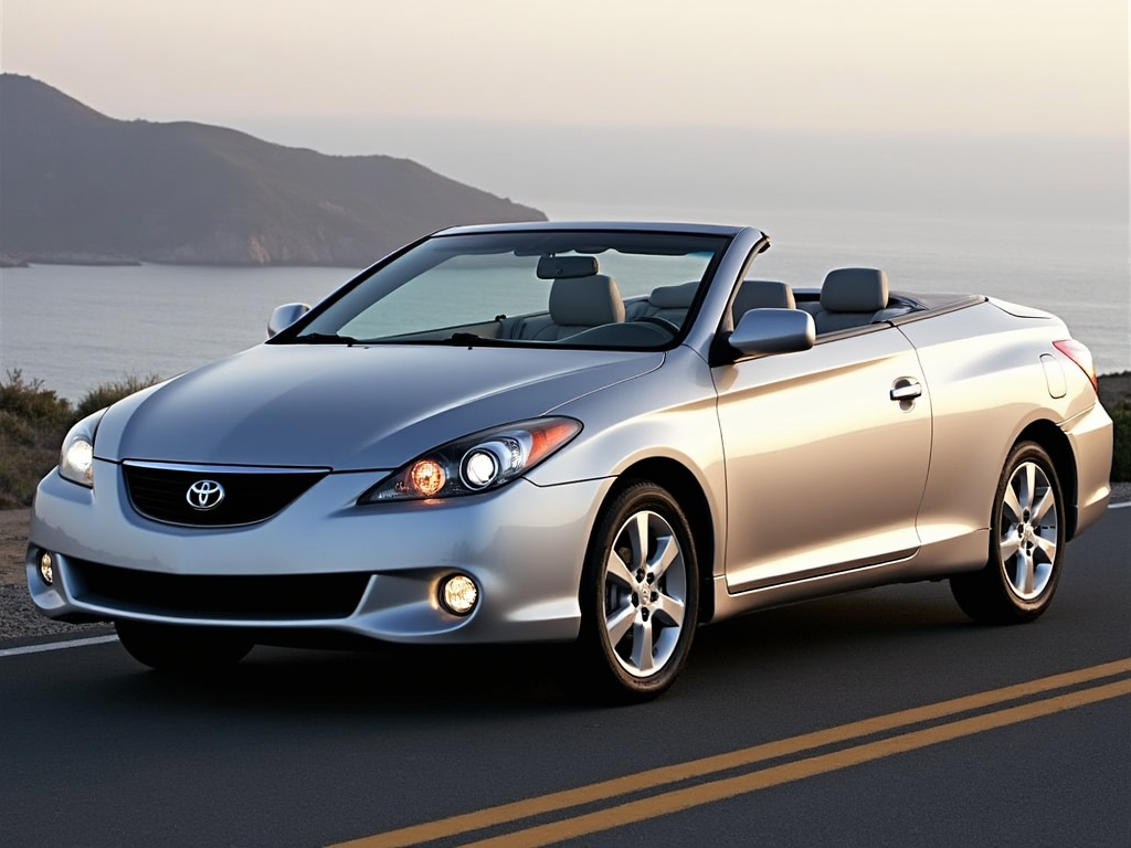 Silver Toyota Camry Solara convertible parked on a scenic coastal road at sunset