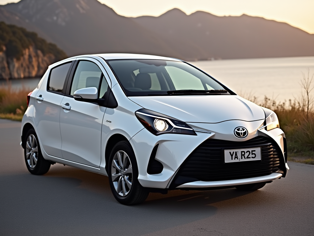 hite Toyota Yaris parked by a scenic waterfront with mountains in the background at sunset.