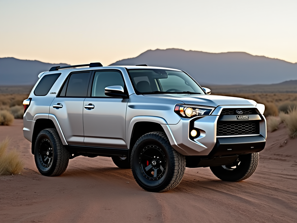 Silver Toyota 4Runner SUV parked in a desert landscape with mountains in the background during sunset.