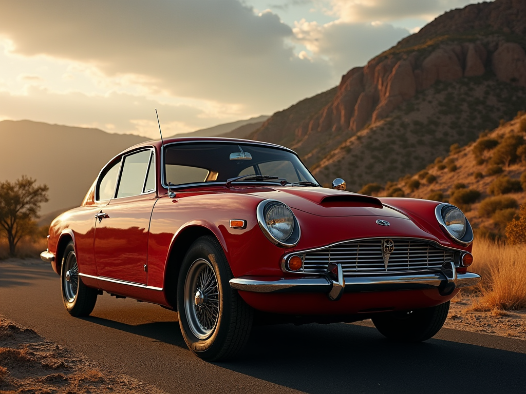 Classic red Toyota 2000GT parked on a desert road with mountains in the background at sunset.