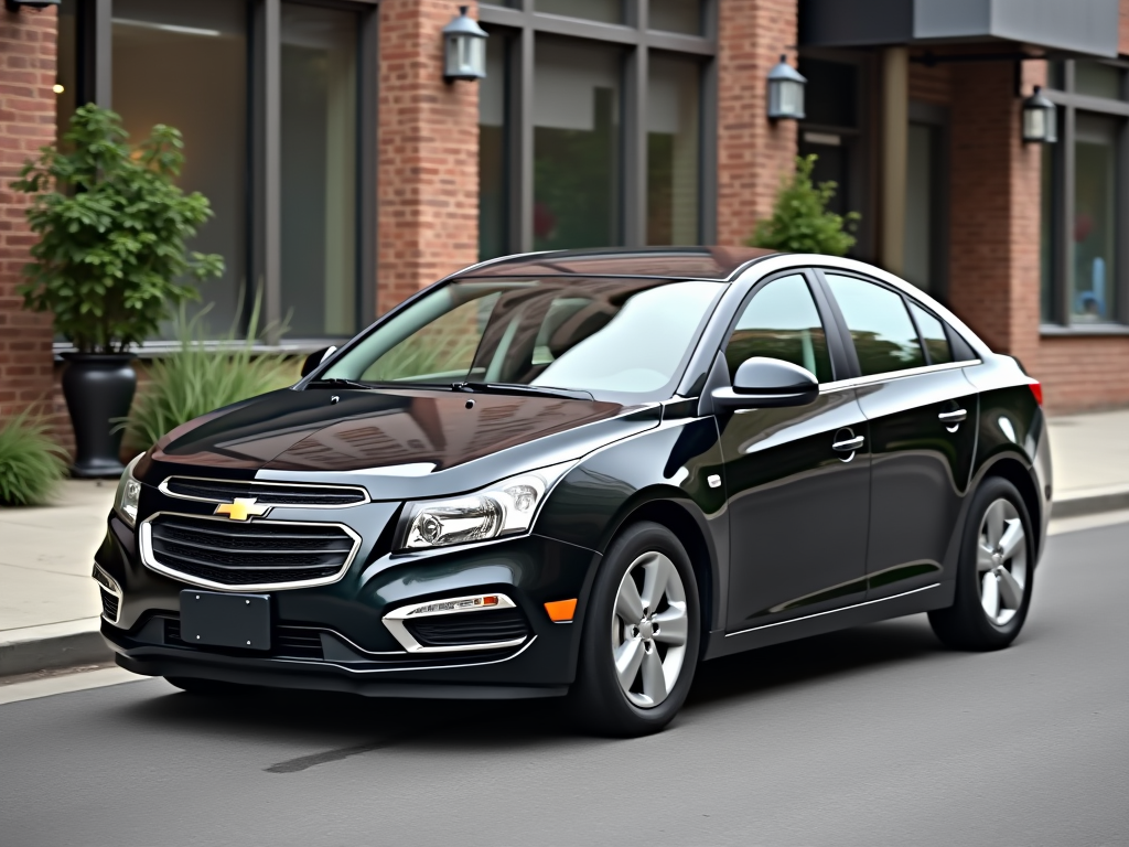 A black Chevrolet Cruze sedan parked on a city street in front of a modern brick building with greenery.