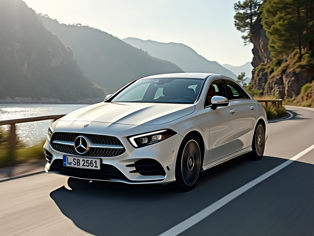 White Mercedes-Benz CLA class driving on a scenic mountain road by a lake.