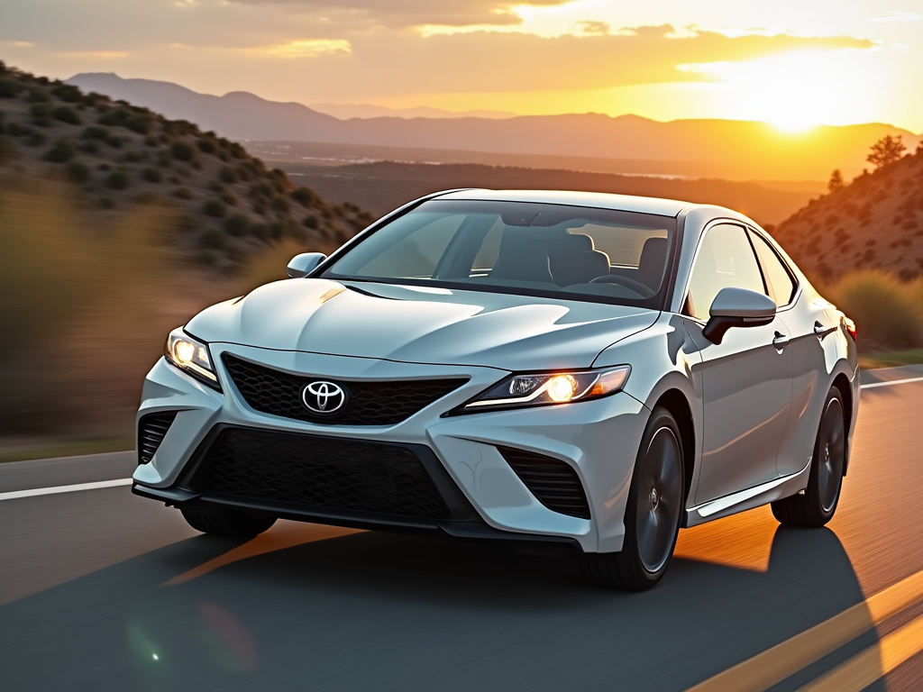 White Toyota Camry Solara driving on a scenic road during sunset in a desert landscape