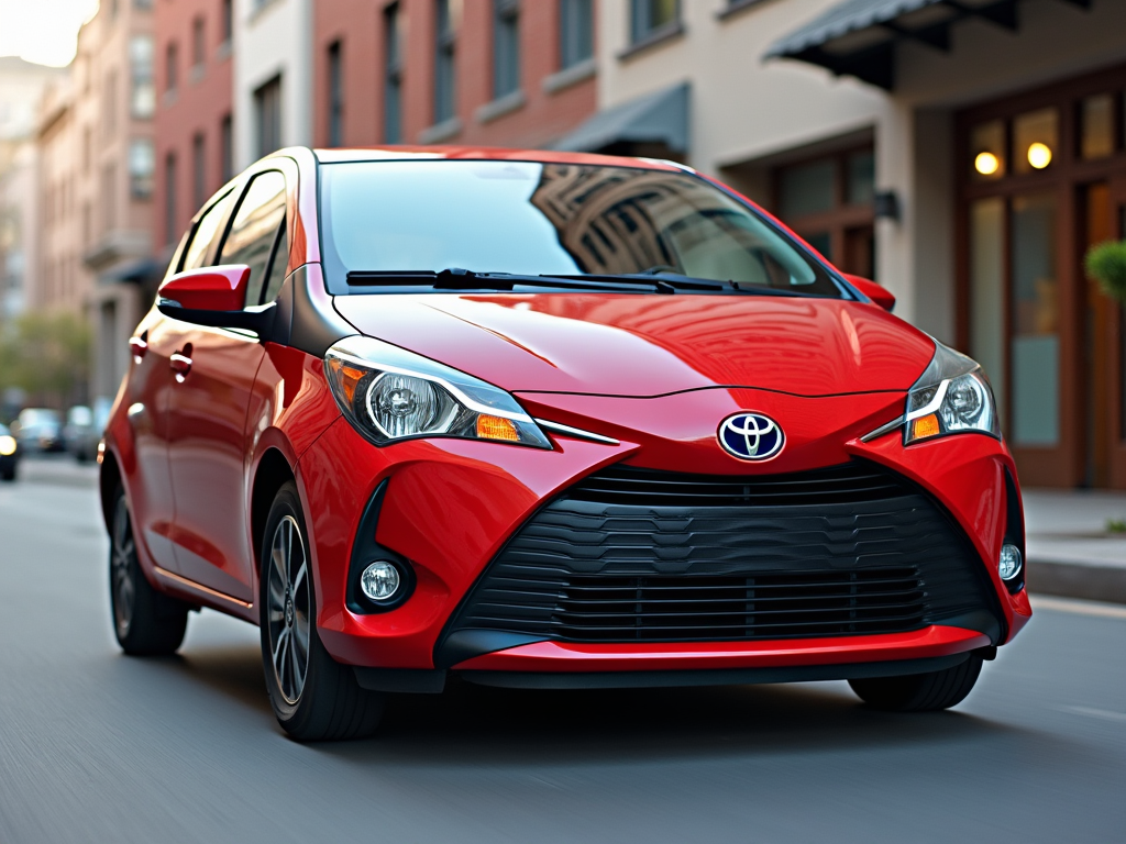 Red Toyota Yaris driving through a modern urban street, showcasing its sleek design and compact size.