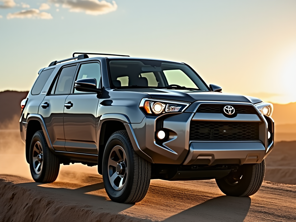 Gray Toyota 4Runner driving on a dirt road at sunset with a desert landscape in the background.