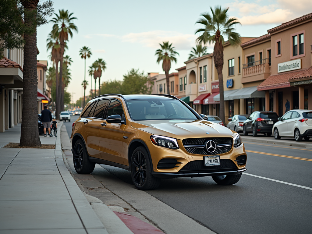 Yellow Mercedes SUV parked on a street in Glendale, California, with palm trees and local shops in the background.