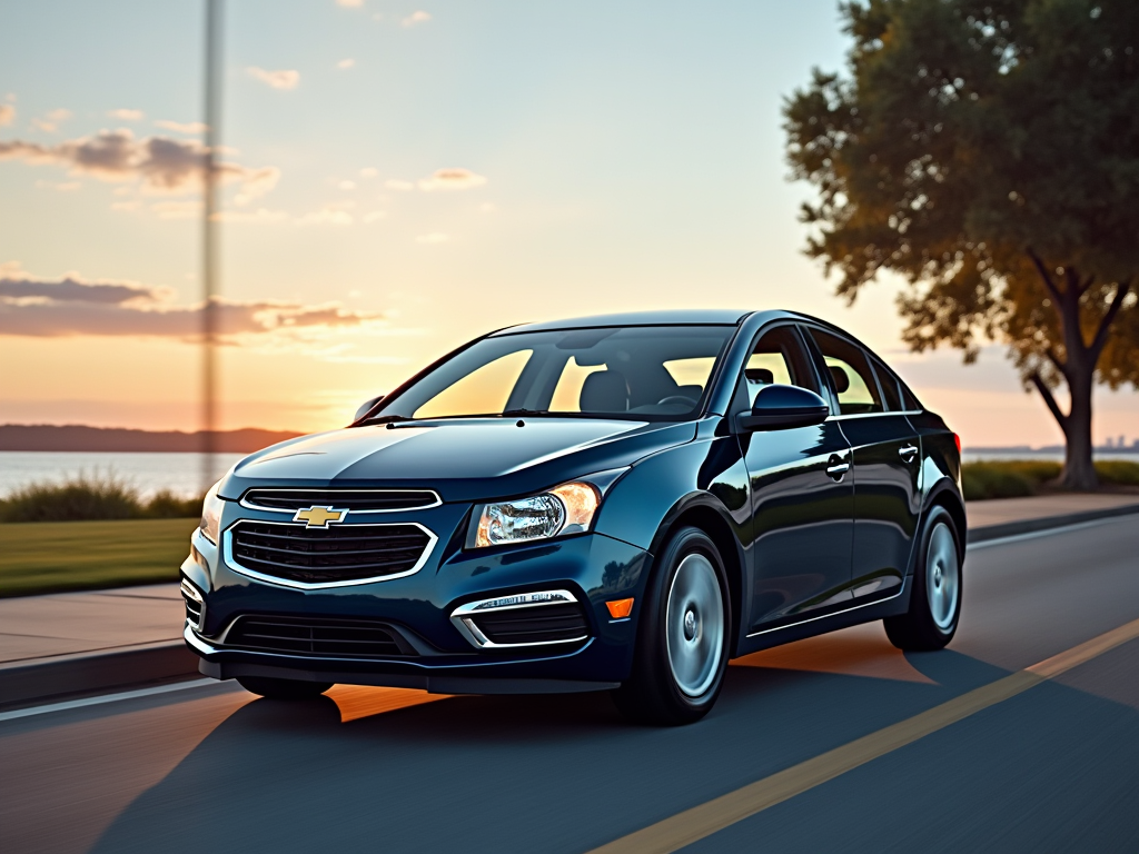 A blue Chevrolet Cruze driving on a scenic road by the water at sunset with trees and a clear sky in the background.