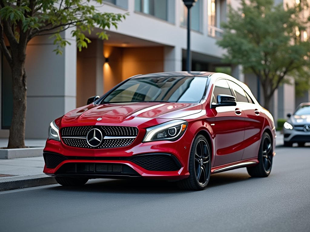 Red Mercedes-Benz CLA class parked on a city street with trees and modern buildings in the background.