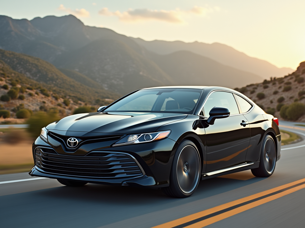 Black Toyota Camry Solara coupe driving on a scenic mountain road at sunset