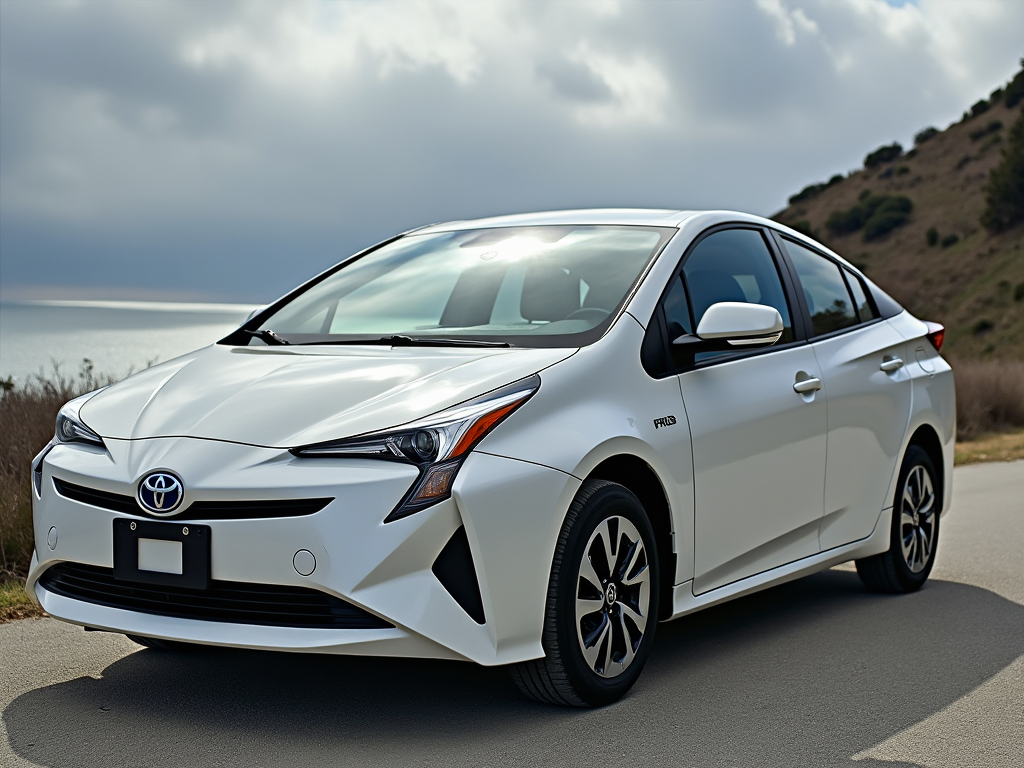 White Toyota Prius parked by a scenic coastal road under a cloudy sky.