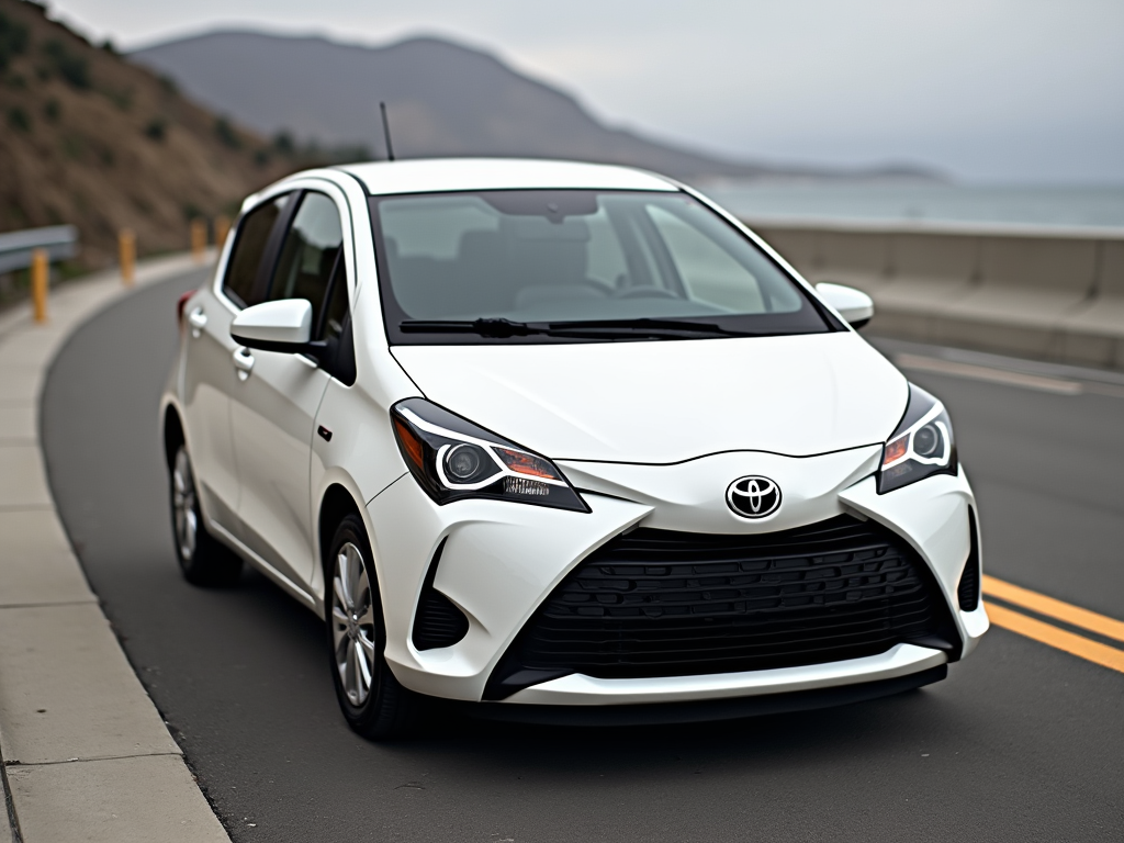 White Toyota Yaris parked on a coastal highway, with mountains in the background, on a cloudy day.