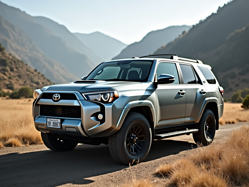 Silver Toyota 4Runner parked on a rural road with mountains in the background under clear skies.